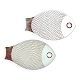2 Carreaux de trivet vintage rétro d'Arabie Finlande avec motif de poisson, assiette de fromage, planche à découper des années 1950.