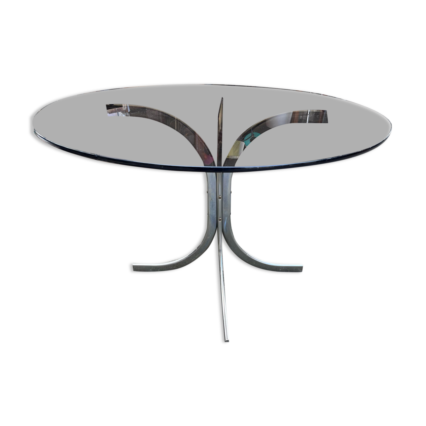 Dining table design 1970 chrome thick top smoked glass slab