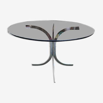 Table de salle à manger  design 1970 chromée plateau épaisse dalle de verre fumé
