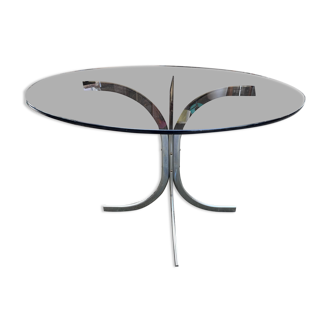 Dining table design 1970 chrome thick top smoked glass slab
