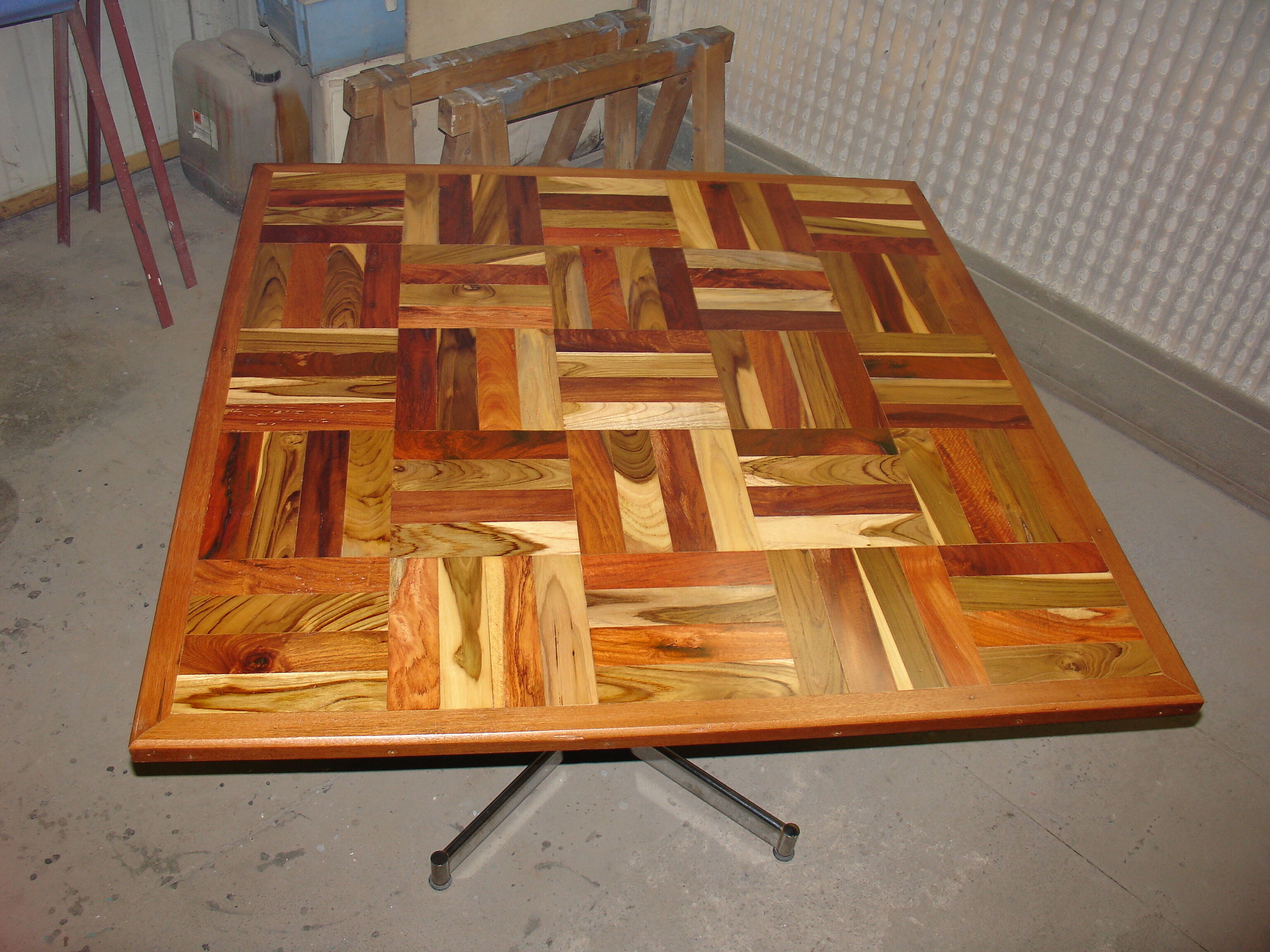 Square table in solid wood mosaic with chrome base, circa 1970