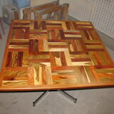 Square table in solid wood mosaic and foot chrome around 1970