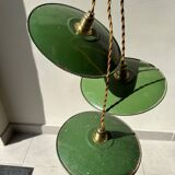 Trio of vintage green enamelled sheet metal lampshade pendants