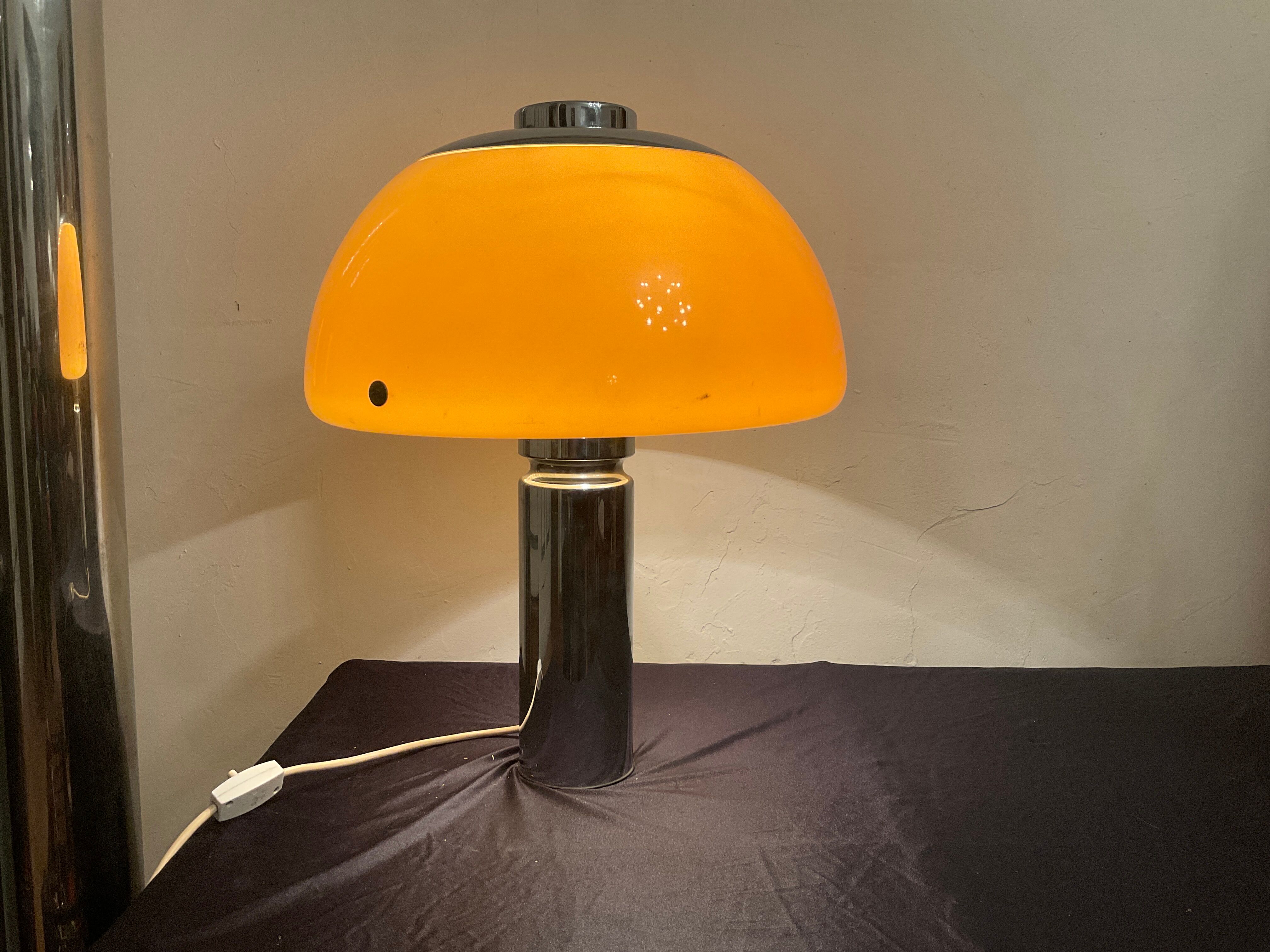 Vintage mushroom desk lamp, chrome design and orange Plexiglas