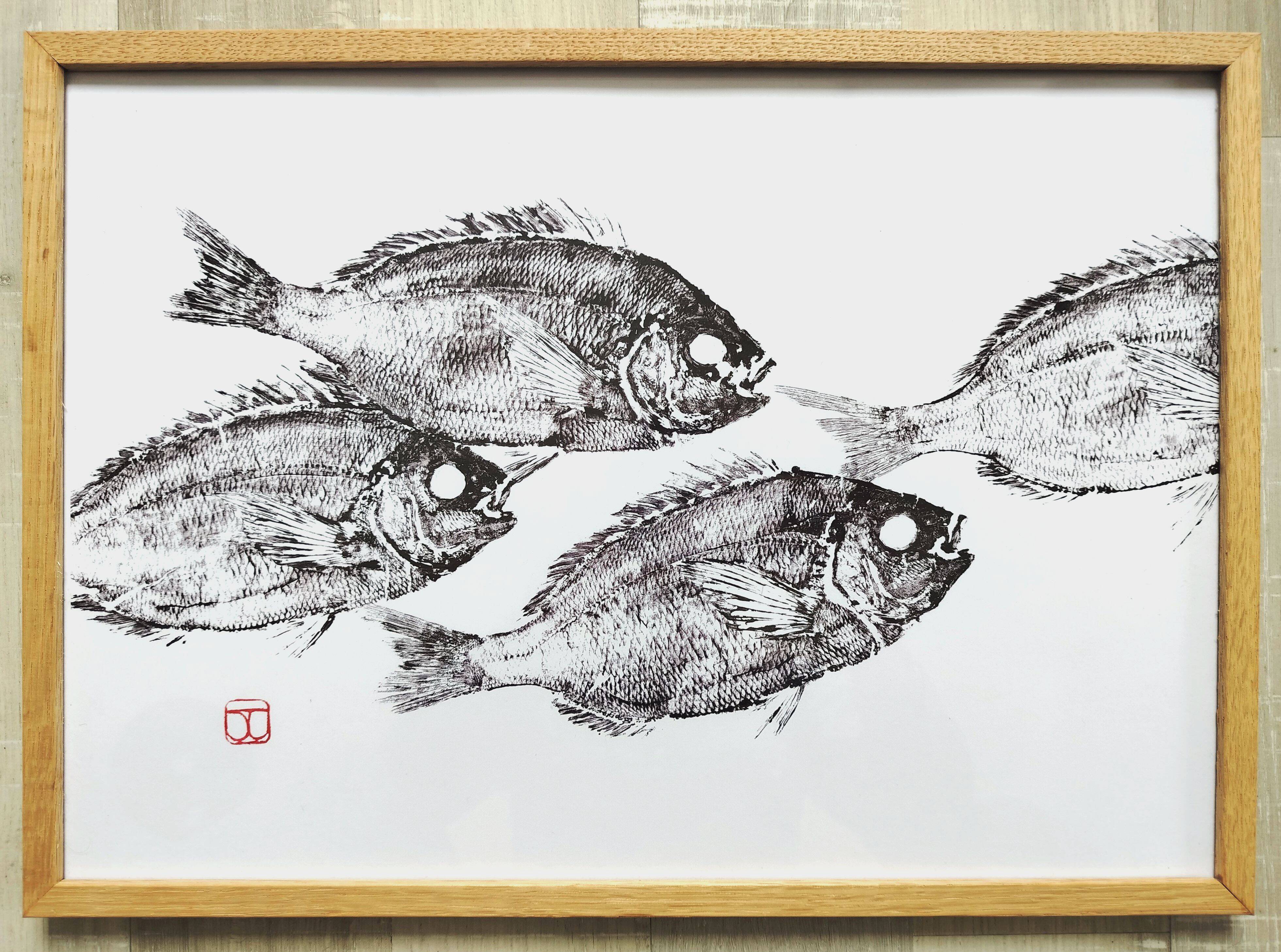 Framed art print, "Print of a school of sea bream" (gyotaku)
