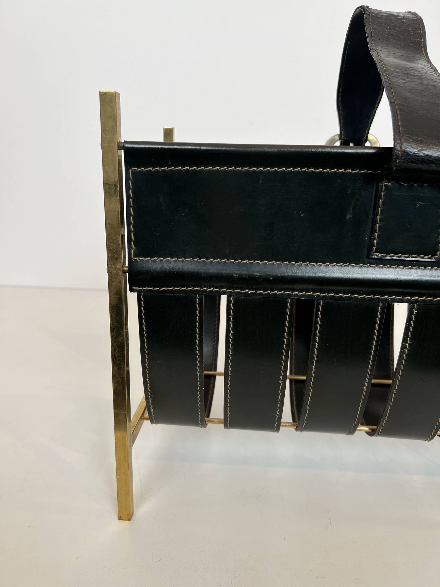 Black Leather Quilted Magazine Holder with Brass Loop Handle. Work