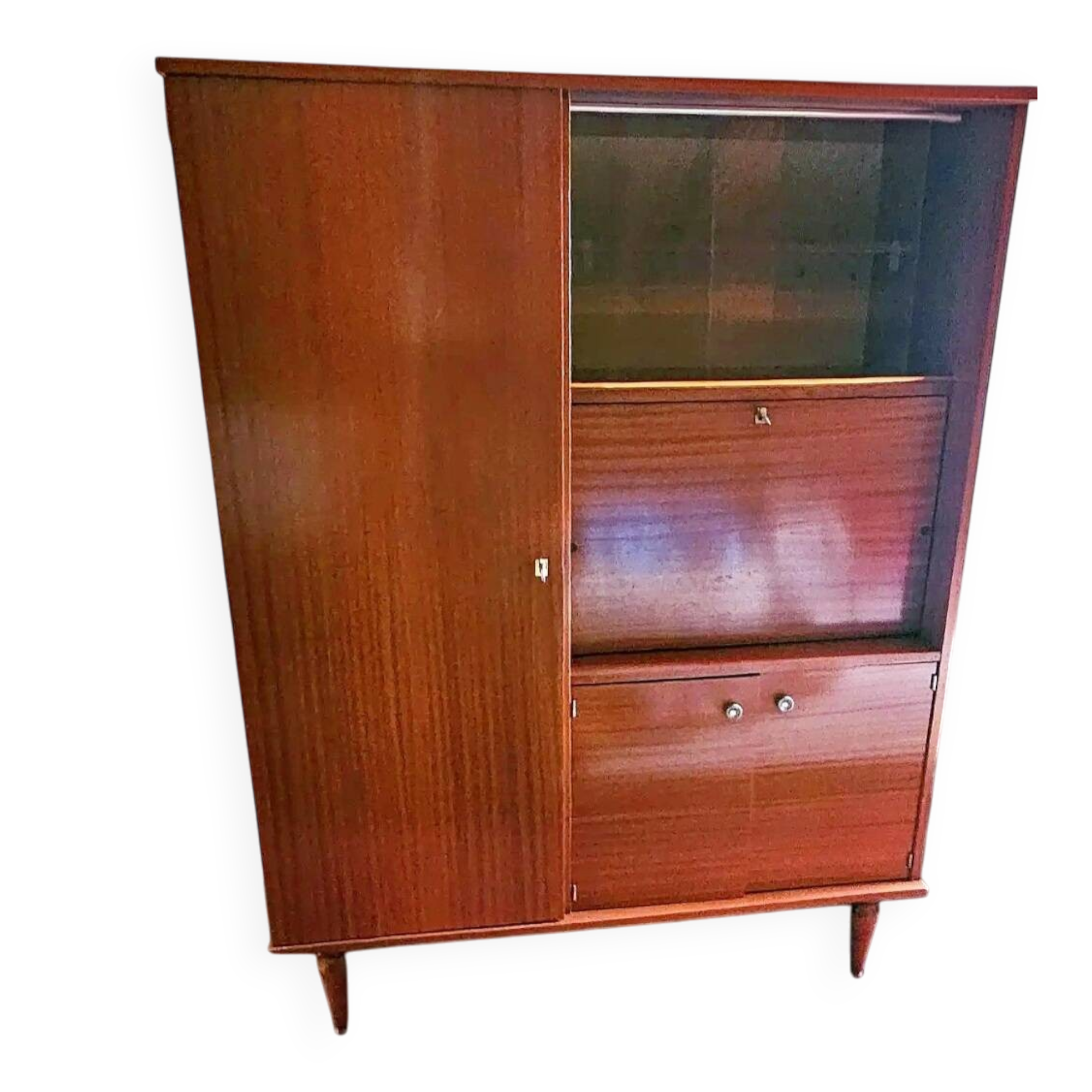 1960s teak veneer secretary with sliding display cabinet.