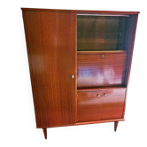Secrétaire bar années 60 en placage teck avec vitrine coulissante