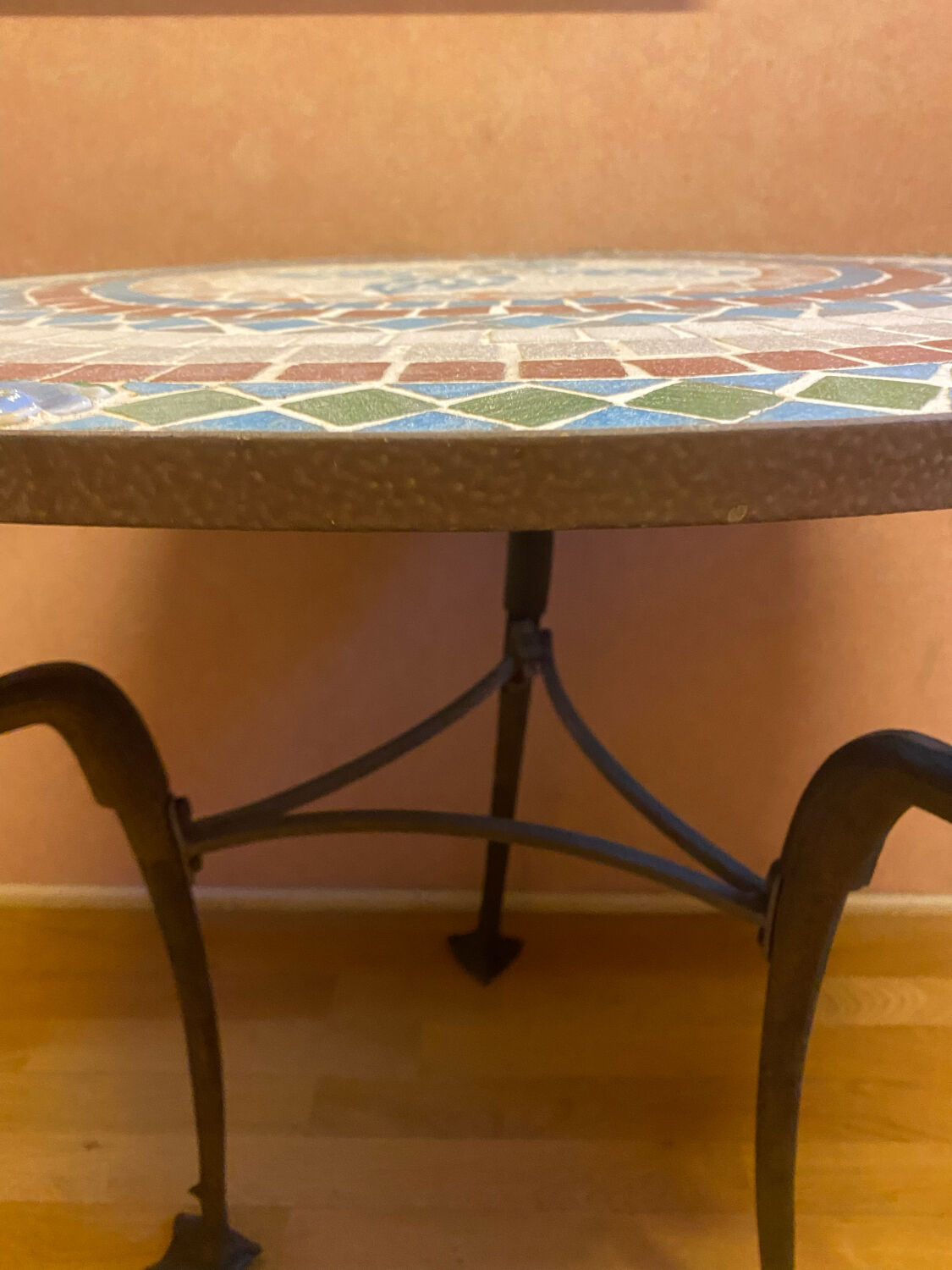 Mosaic garden table, gooseneck legs