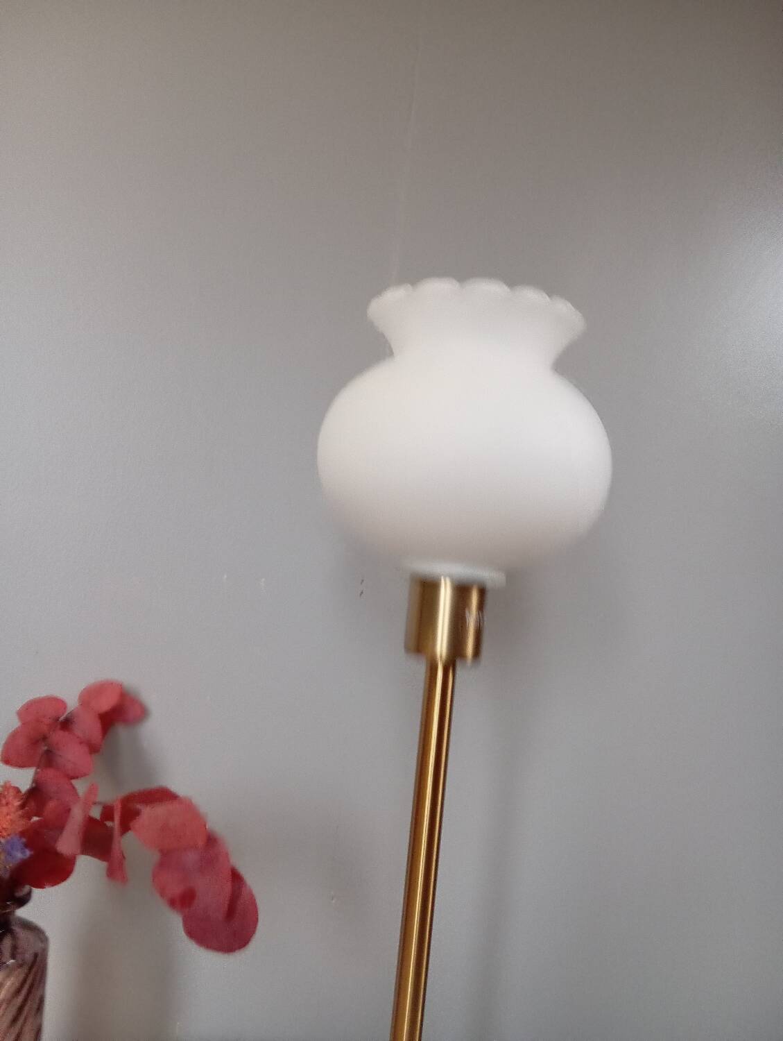 Living room lamp with gold metal base, matt white opaline globe, vintage