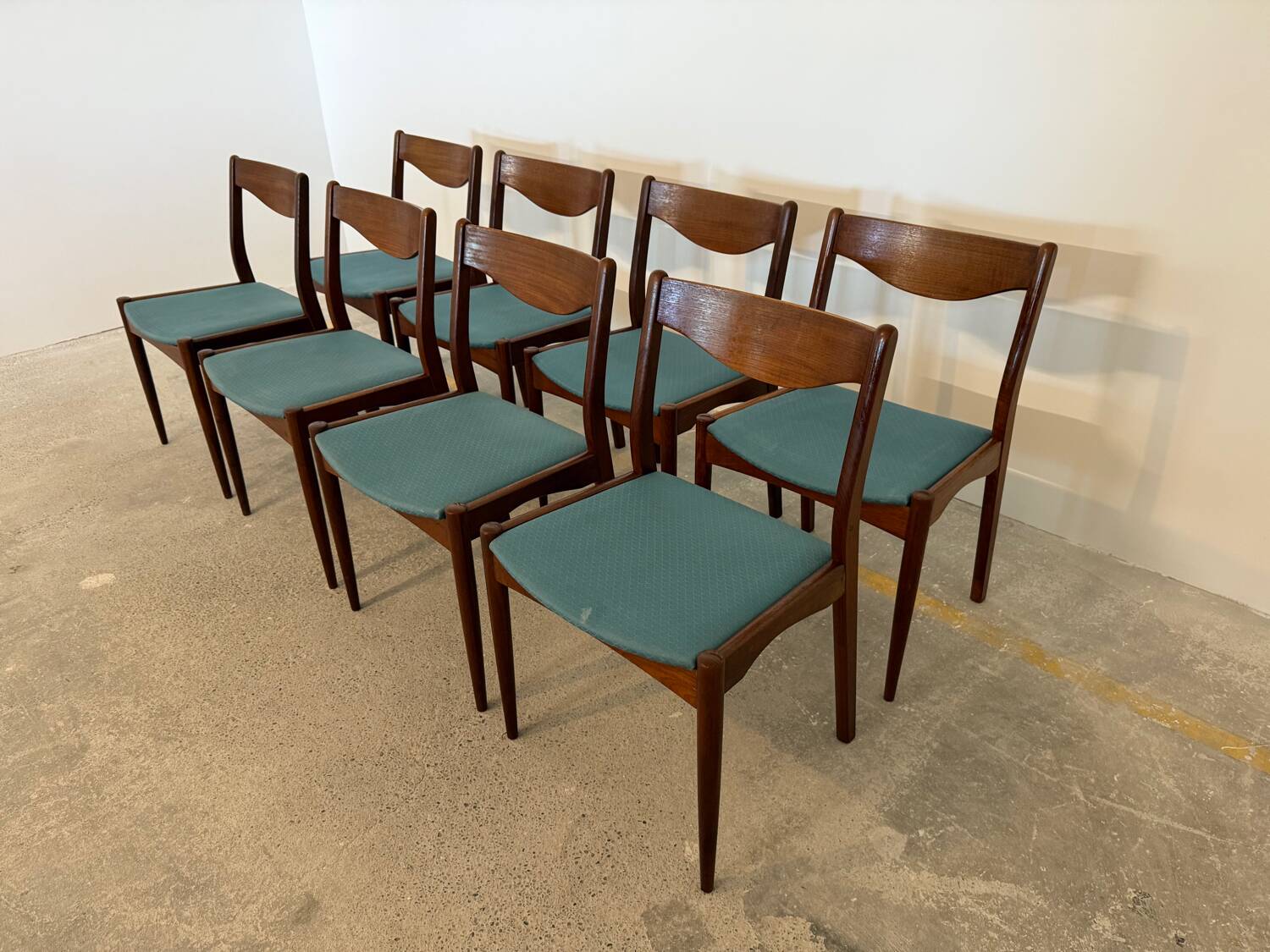 Set of 8 Vintage Danish Chairs by Søren Ladefoged – Teak & Blue Fabric