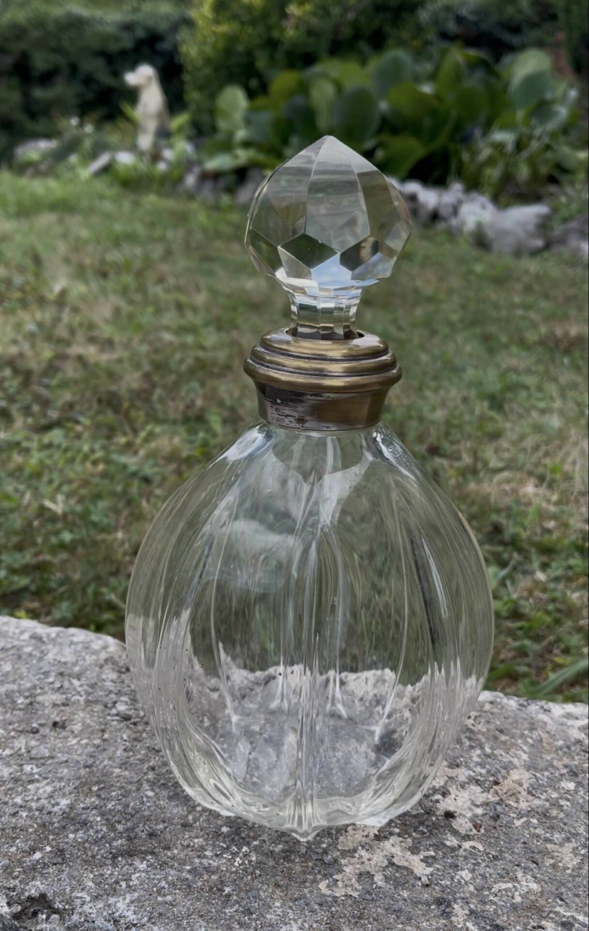 Large antique decanter for spirits – cut glass and silvered neck