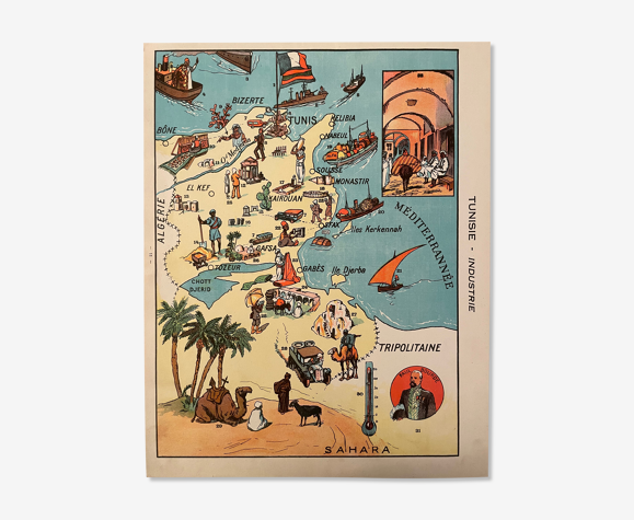 Affiche ancienne carte de Tunisie industrie 1931