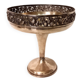 Old fruit bowl, in silver metal, compotier, centerpiece, flowery and openwork decoration