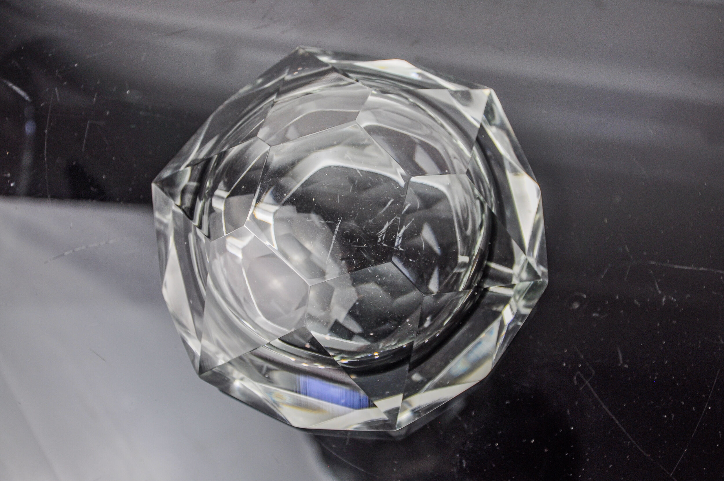 Ashtray Sommerso grey by seguso, faceted glass, murano, italy, 1970