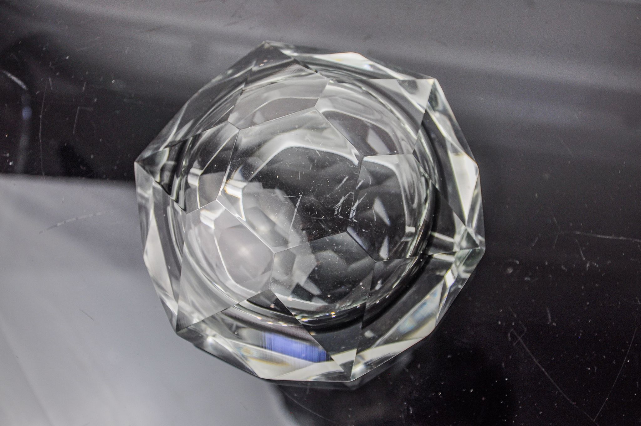 Ashtray Sommerso grey by seguso, faceted glass, murano, italy, 1970