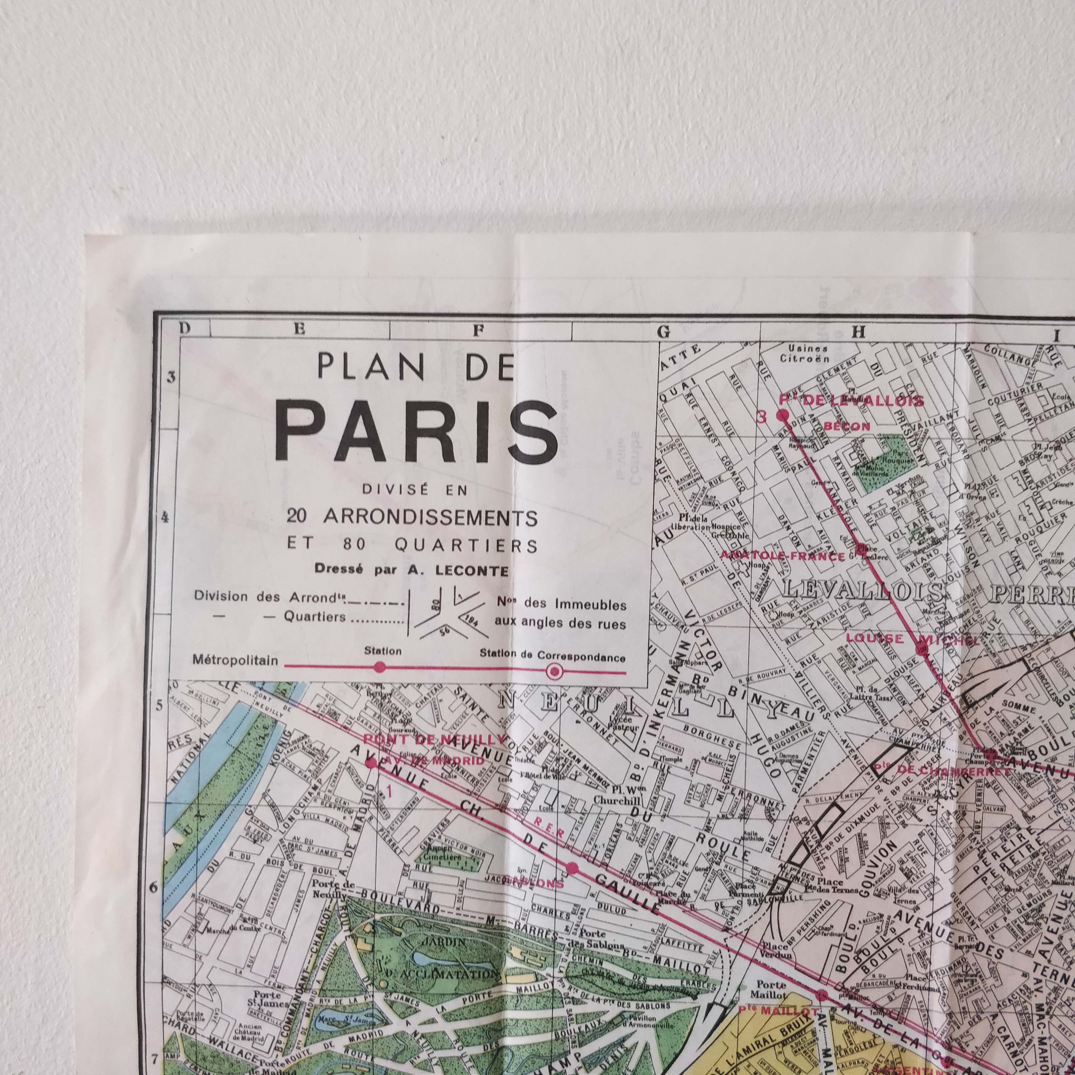 Map old Paris suburb 74x55cm edition A. Leconte 1970