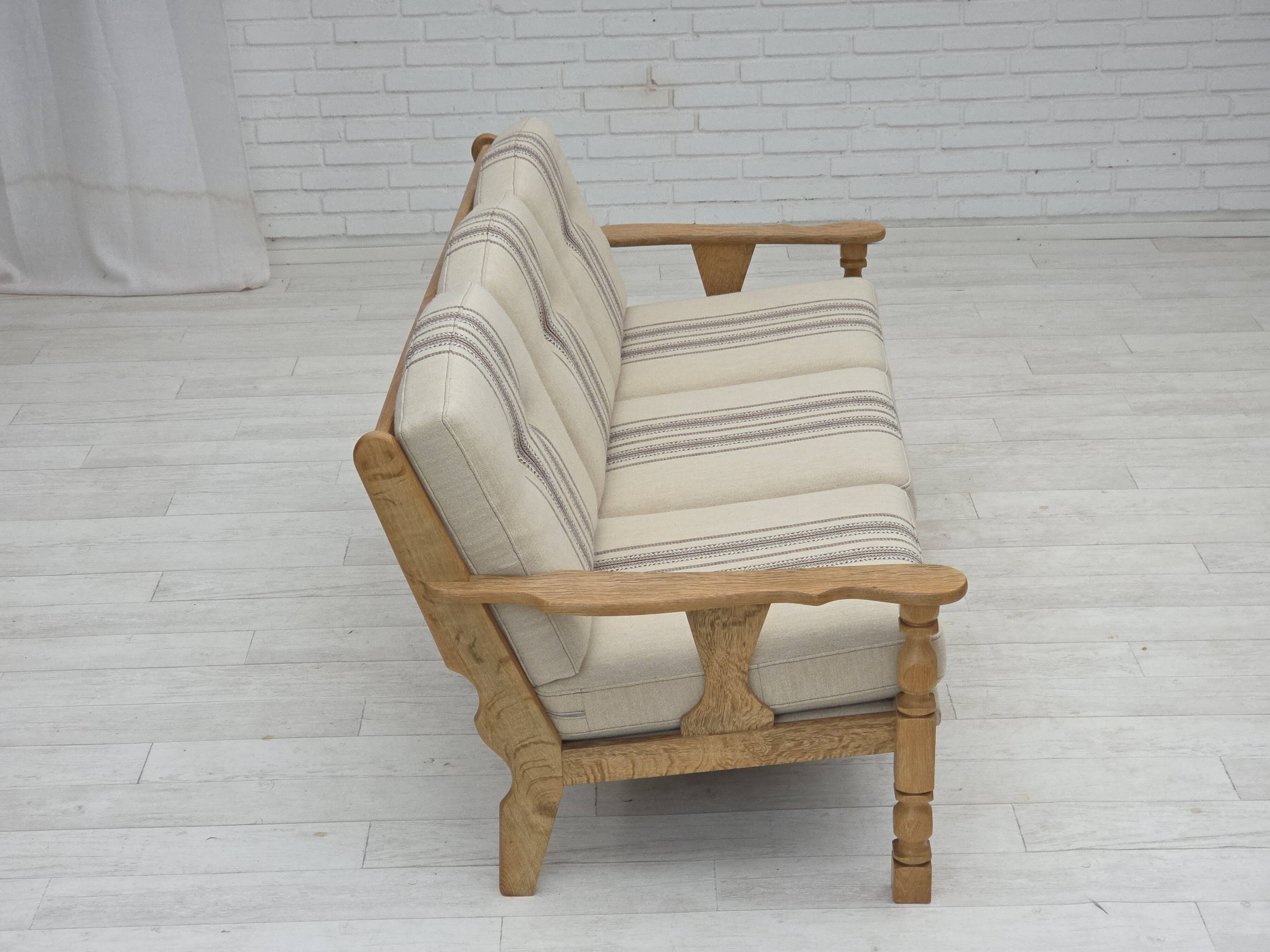 1970s, Danish 3-seater sofa, beige furniture wool, solid oak wood.
