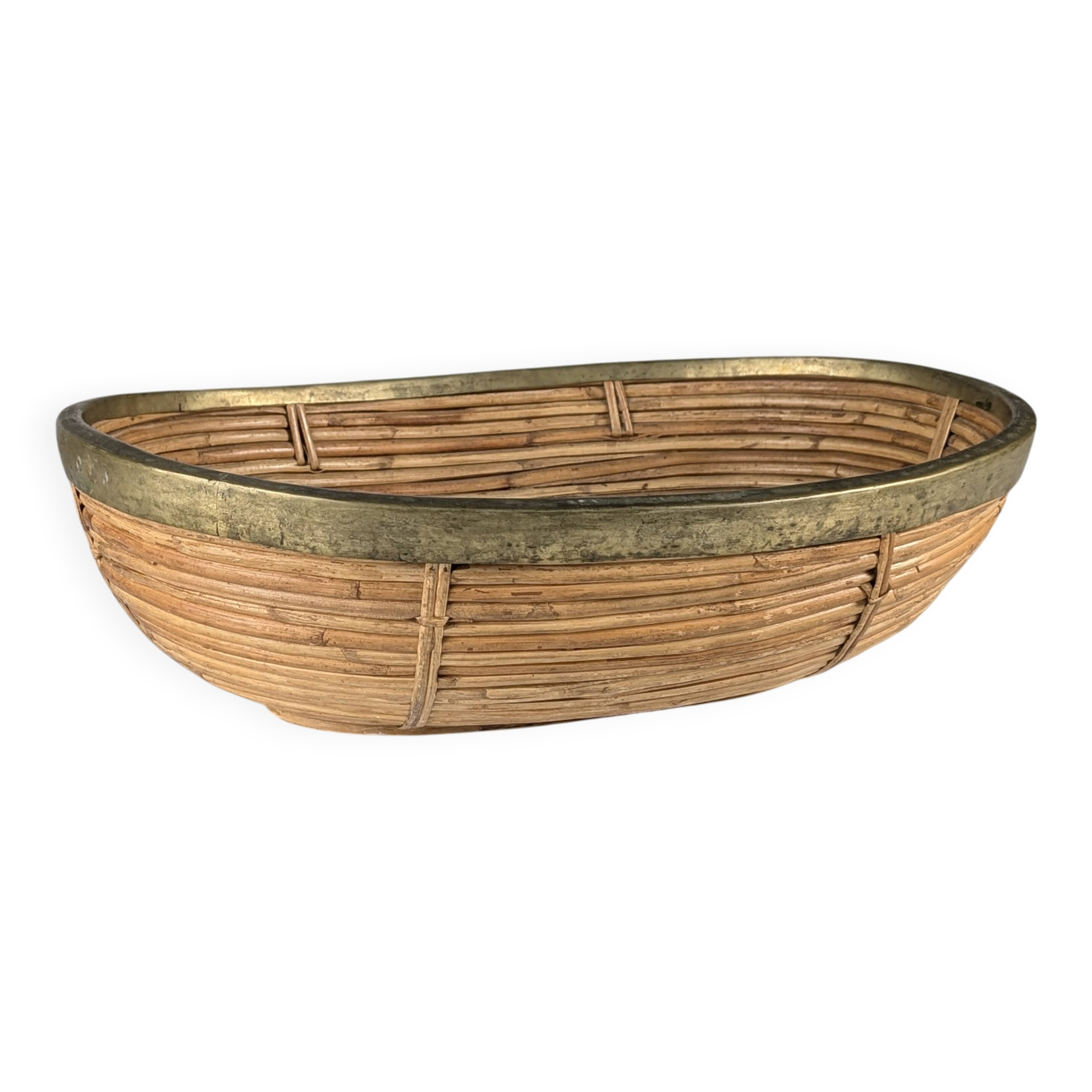 Italian oval rattan and brass centerpiece, mid-century style, 1970s