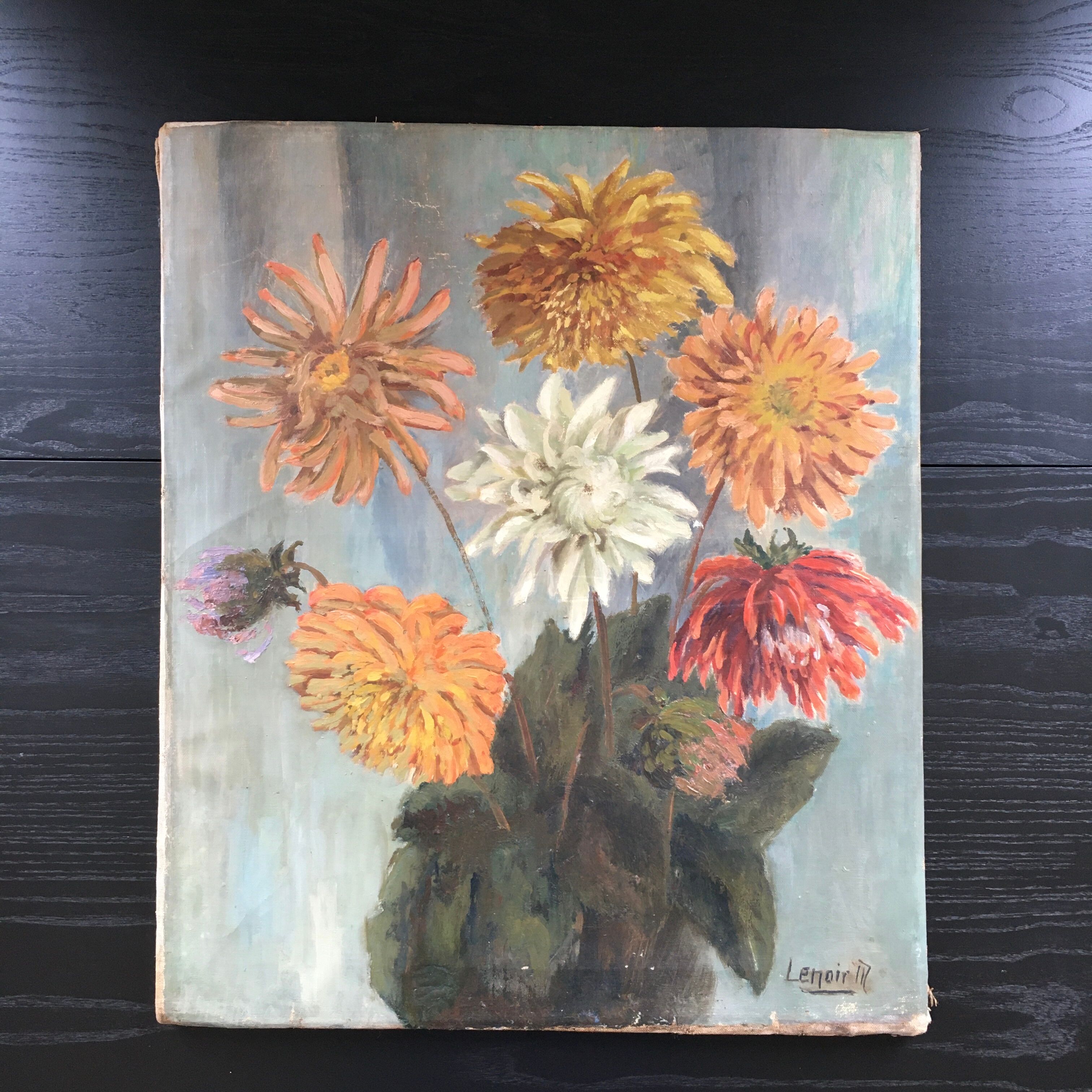 Ancient painting bouquet of dahlias
