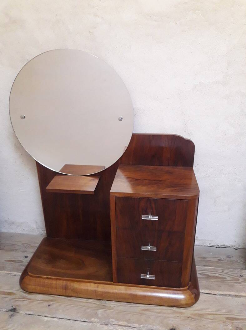 Art Deco dresser, solid walnut, veneer, 3 drawers, mirror.