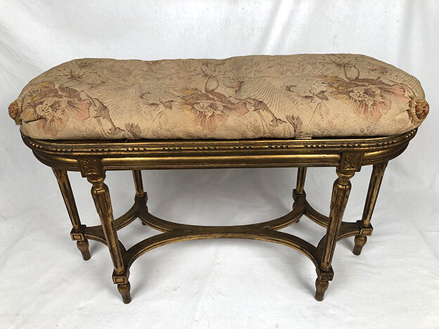 Louis XVI style piano bench, dark gilded cane wood