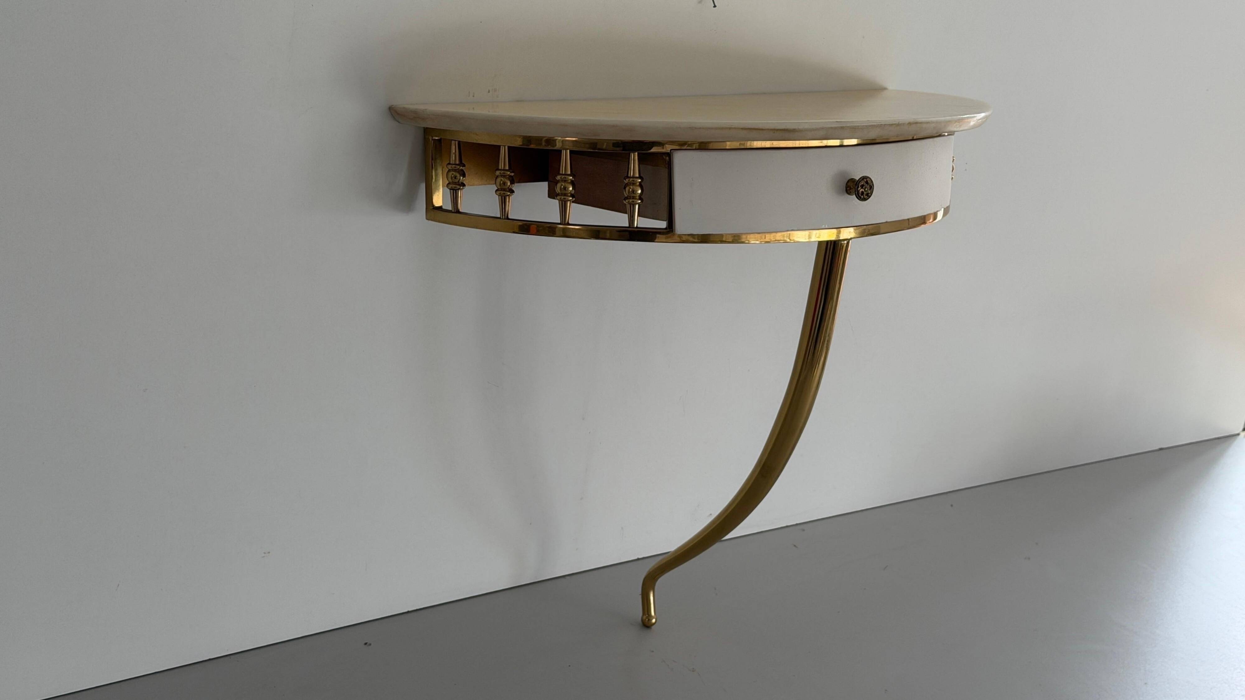 Floating wall console with drawer, brass body and marble top, 1960s, Italy