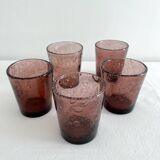 5 gobelets à eau en verre bullé violet vintage