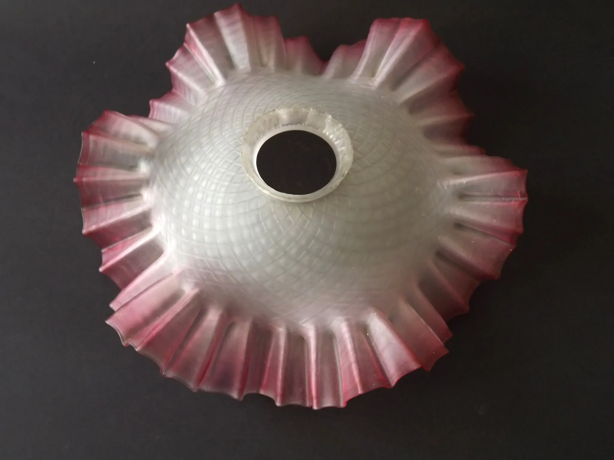 French Vintage 1930s Patterned Pink And White Frilled Glass Shade