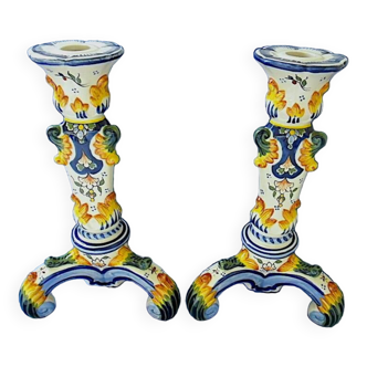 Pair of tripod candlesticks in polychrome glazed earthenware