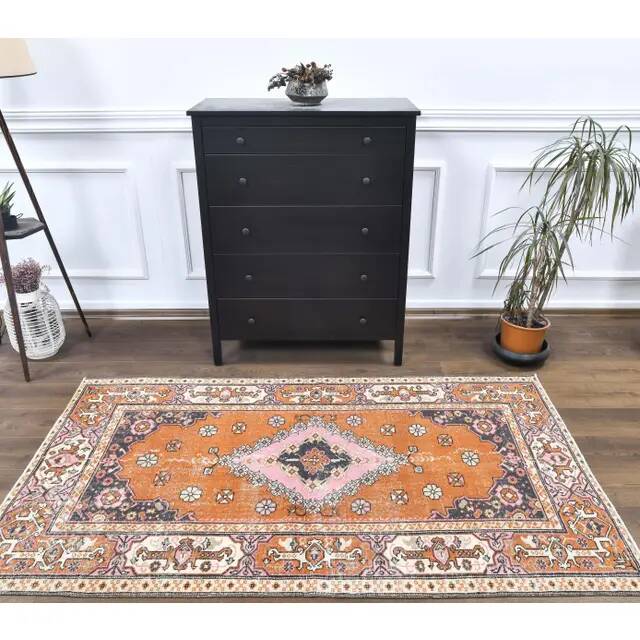 Turkish Vintage Handmade Wool Orange Rug 126x201