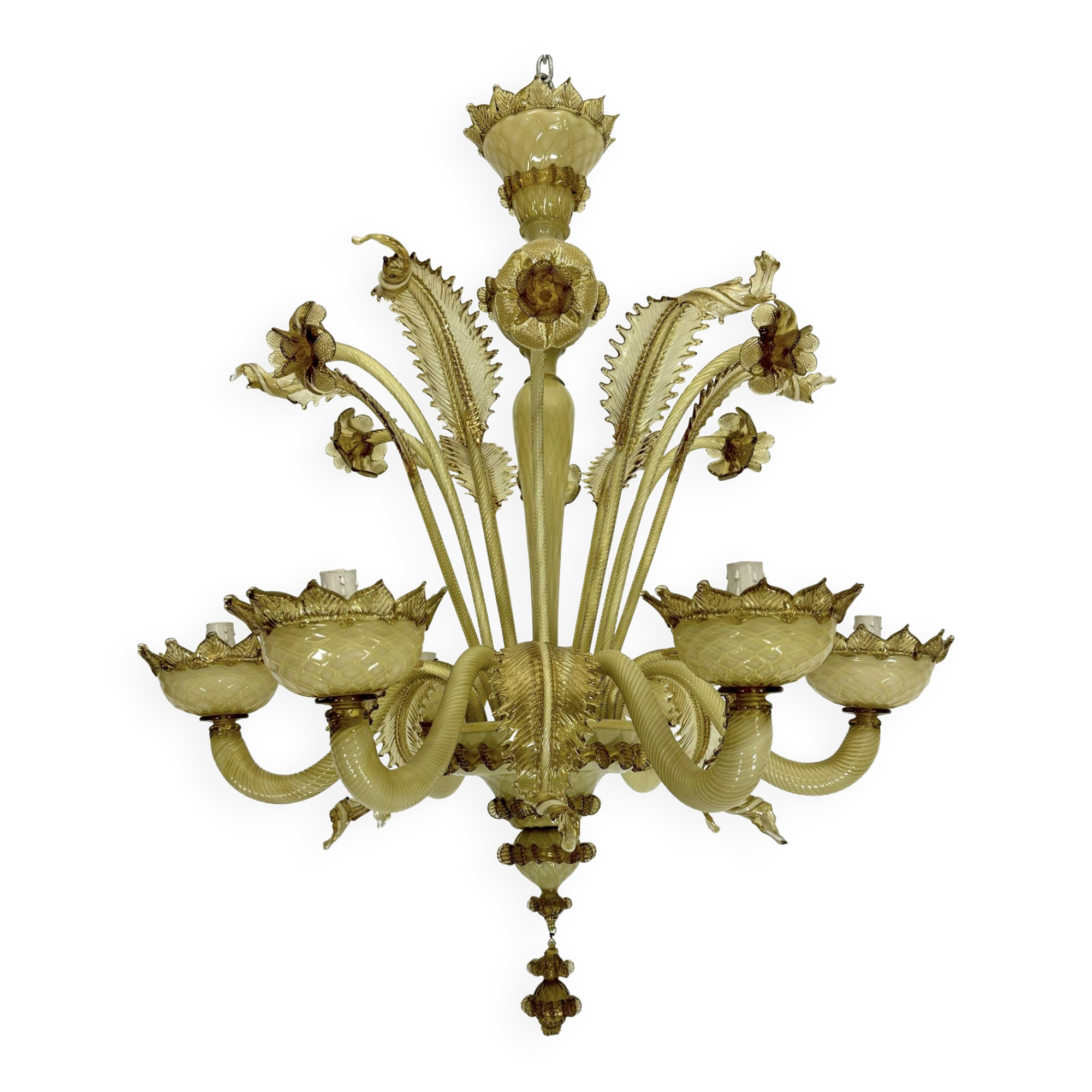 Vintage 6 arms handcrafted floral Murano glass chandelier with gold. Italy 1950s
