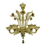 Vintage 6 arms handcrafted floral Murano glass chandelier with gold. Italy 1950s