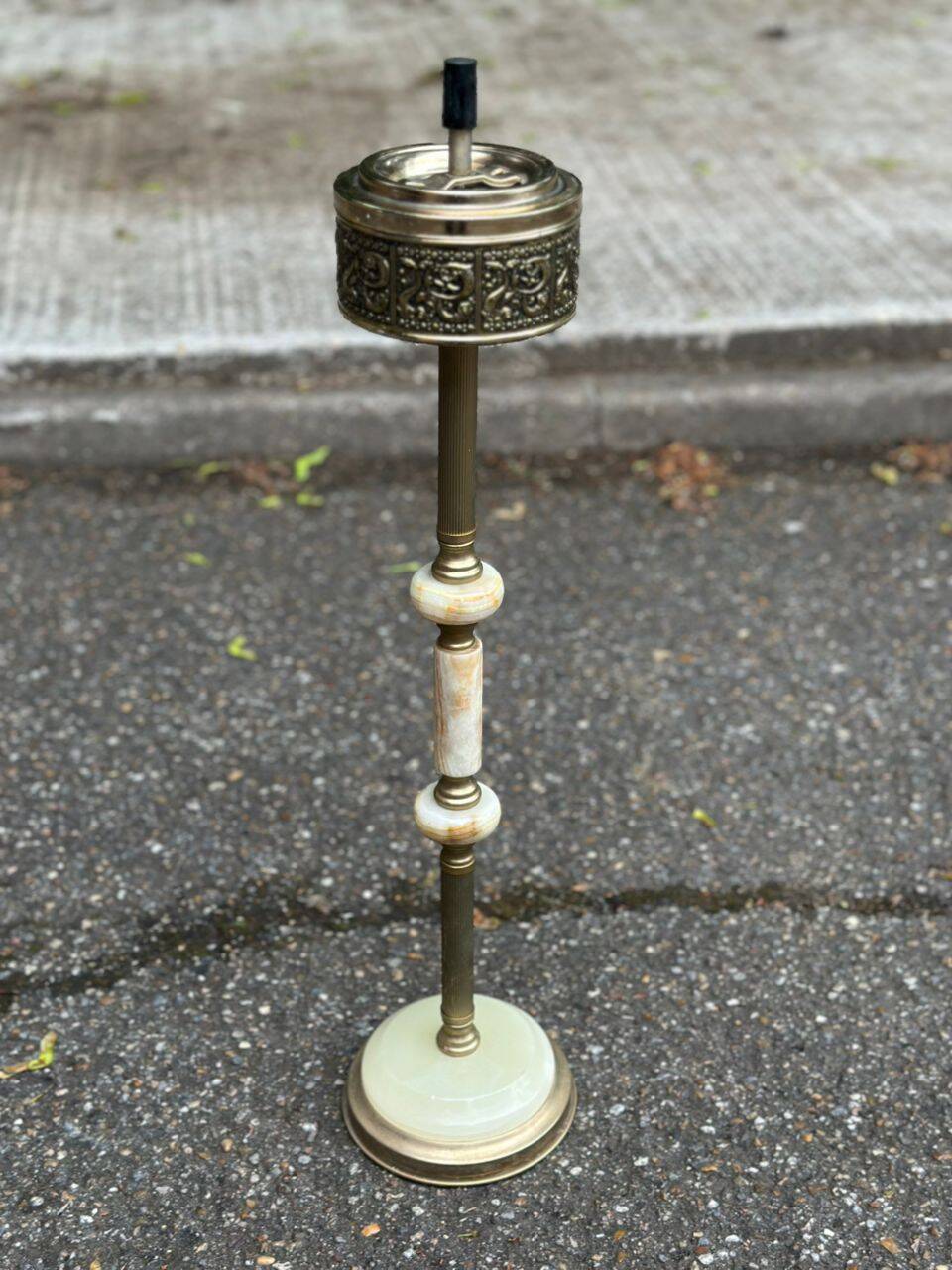 Vintage 1950s floor ashtray in brass and onyx.