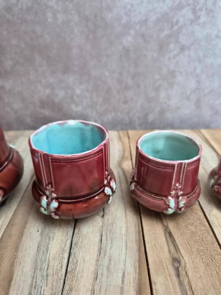 Antique majolica barbotine set – tray and 4 small pots – Art Nouveau