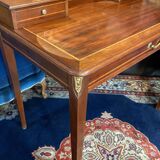 Louis XVI style mahogany and solid walnut dressing table with oval mirror