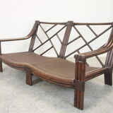 Mid century vintage boho 2-seater sofa with leather cushions