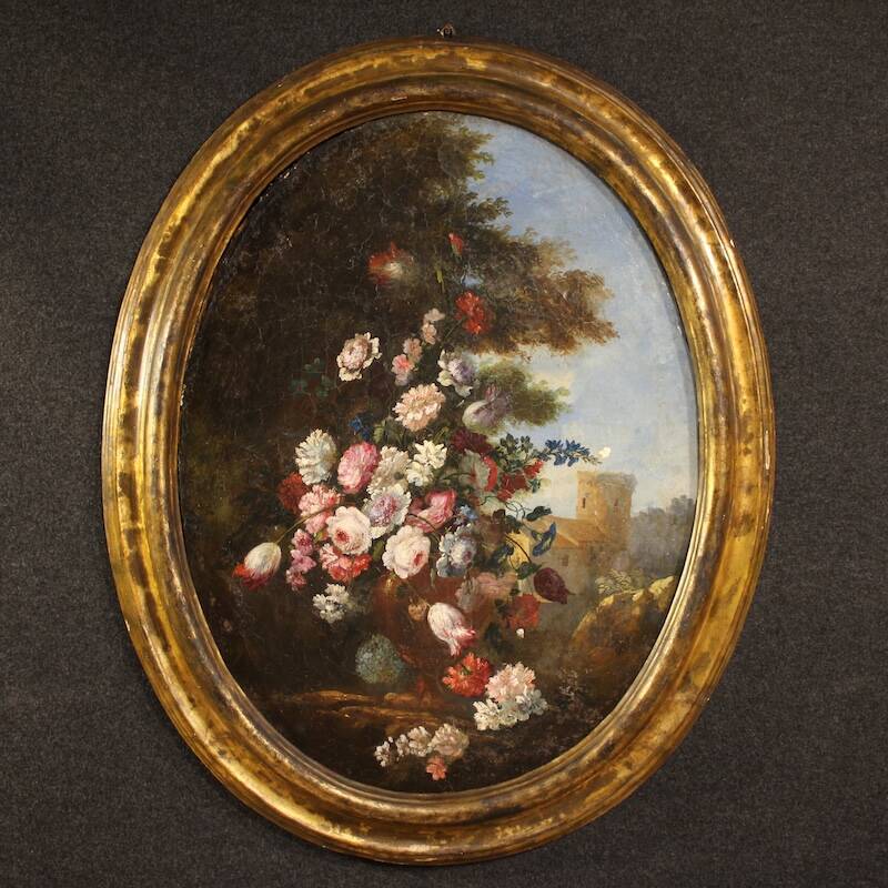 Peinture de nature morte ovale italienne antique du XVIIIe siècle