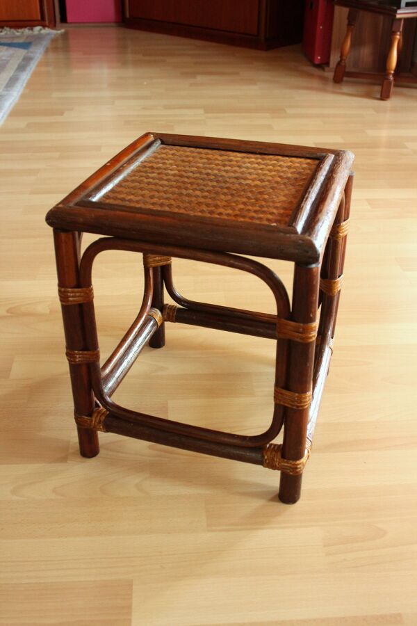 Petite table d'appoint en bambou, rotin et bois - support de plante - Vintage