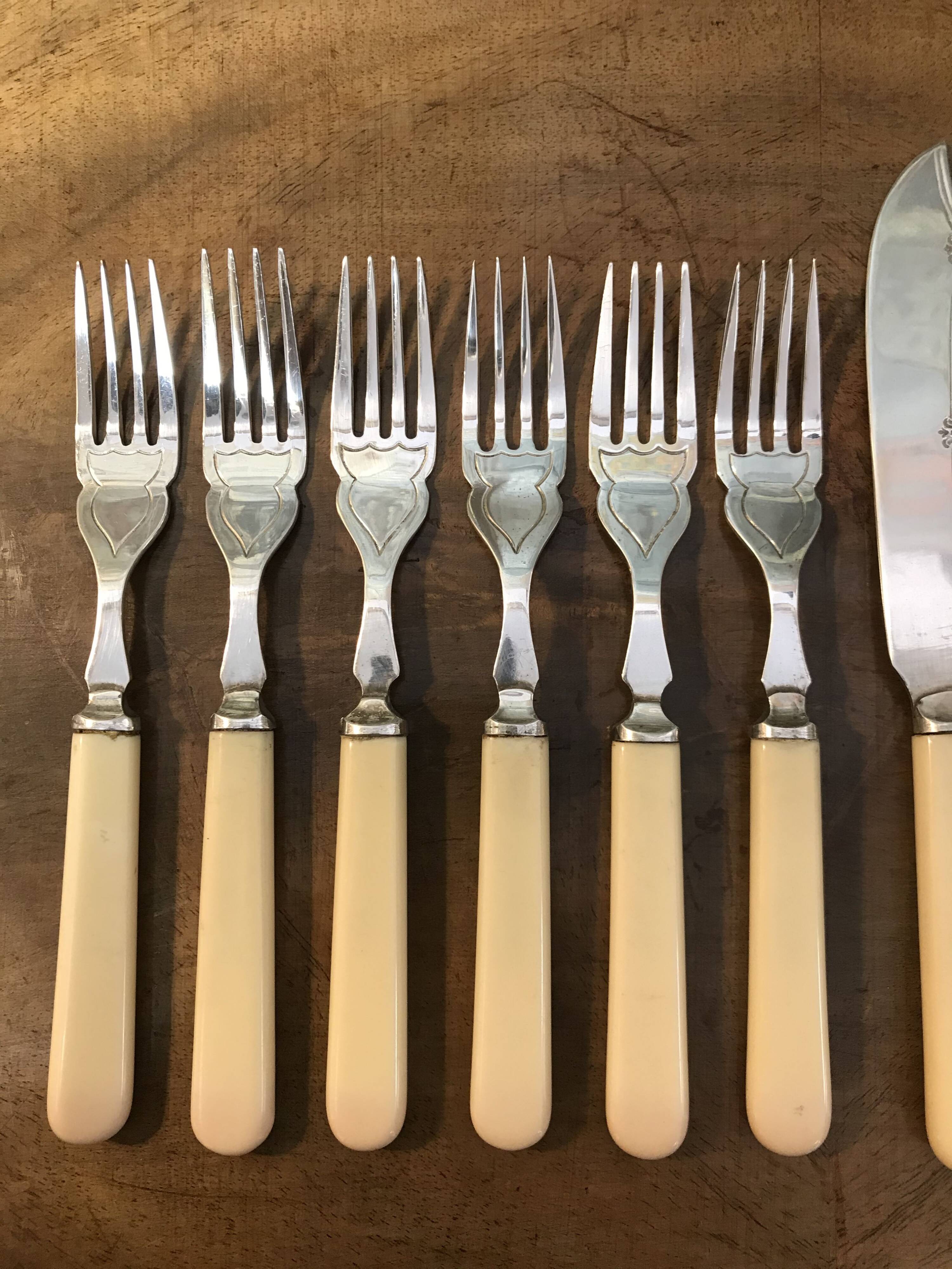 Silver-plated metal fish cutlery set consisting of 6 forks and 6 knives
