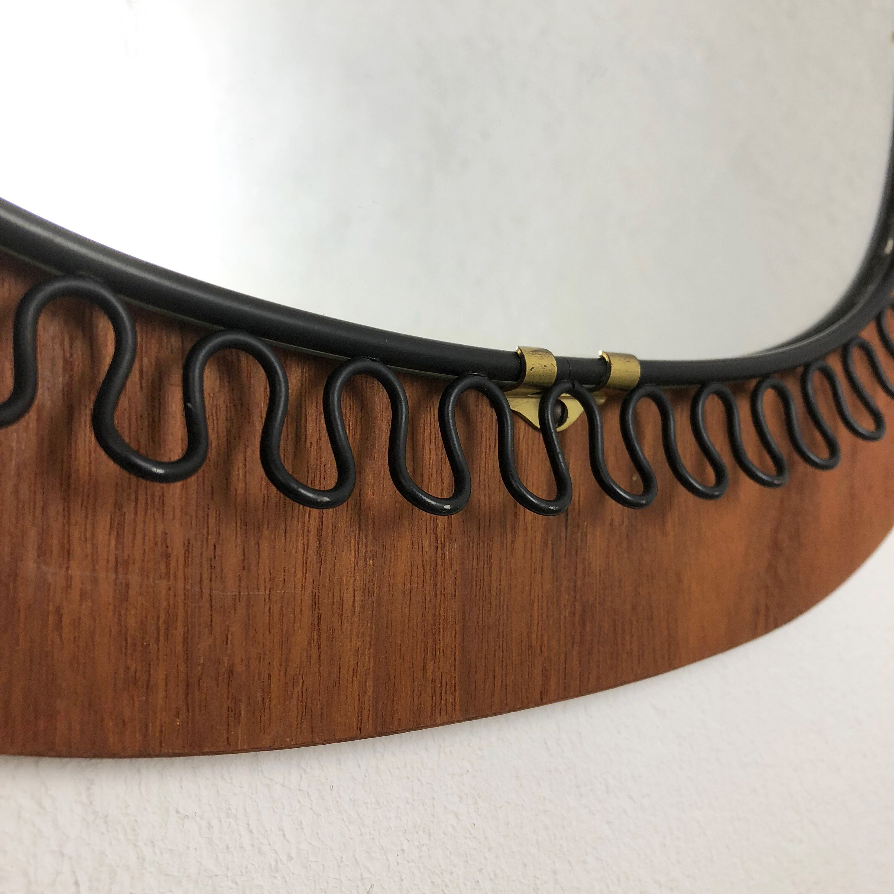 1960 s Scandinavian metal + teak mirror 54cm designed by Josef Frank for Svenskt Tenn, made in Sweden. midcentury modern. Danish modern
