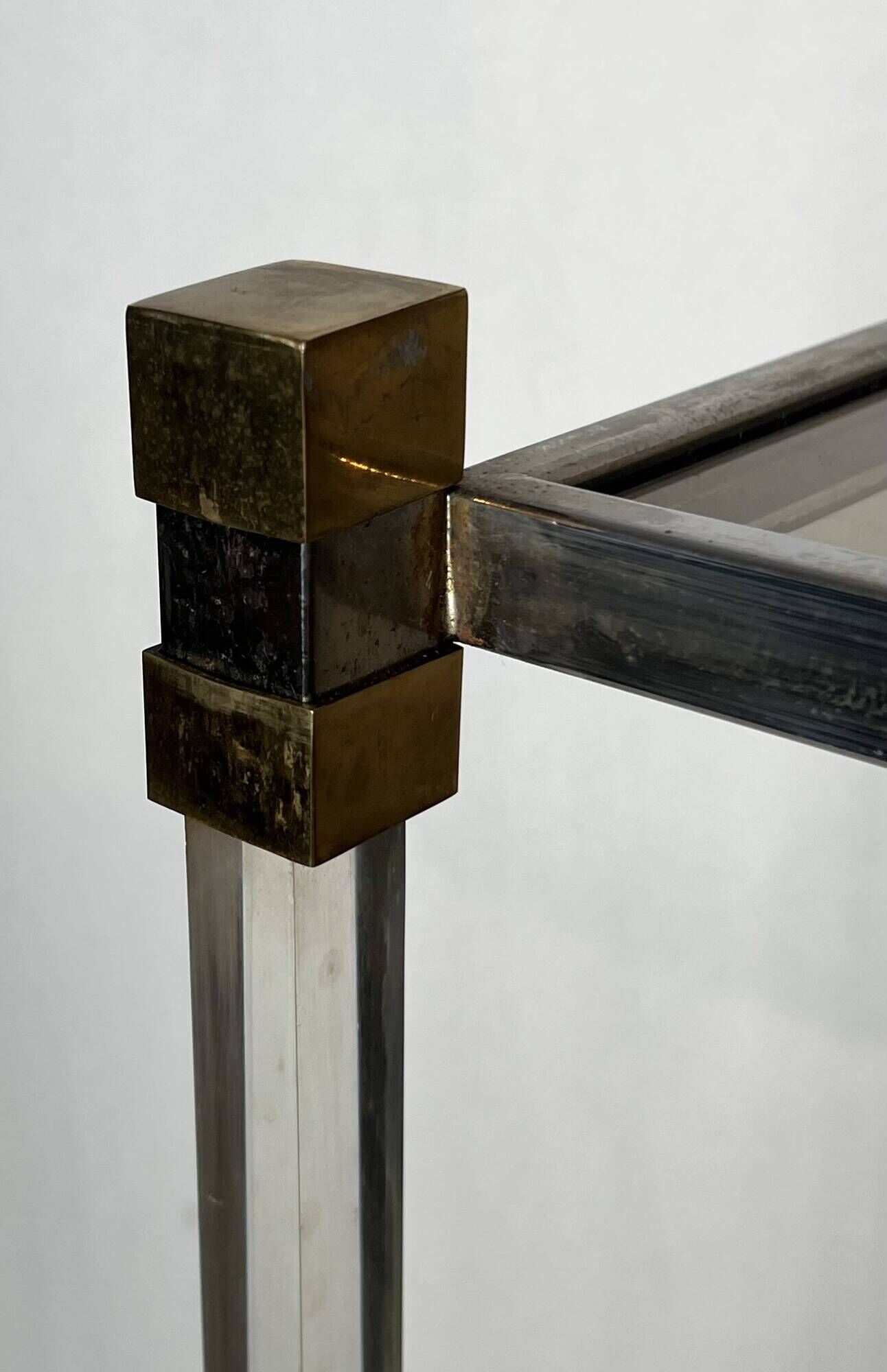 Lucite Shelf with Three Smoked Glass Shelves and Brass Ends. Work