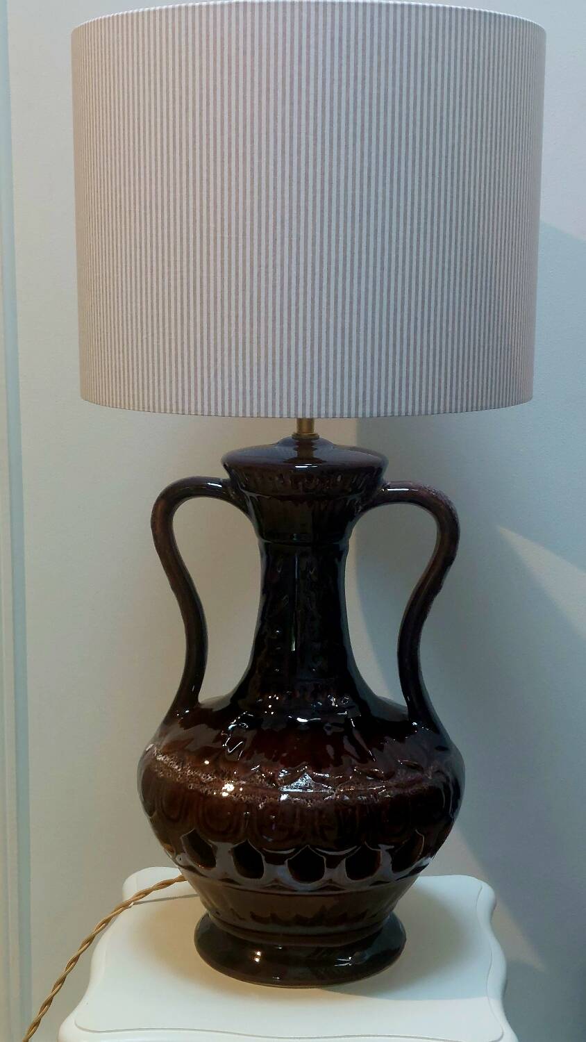 Vintage ceramic lamp, striped cotton shade