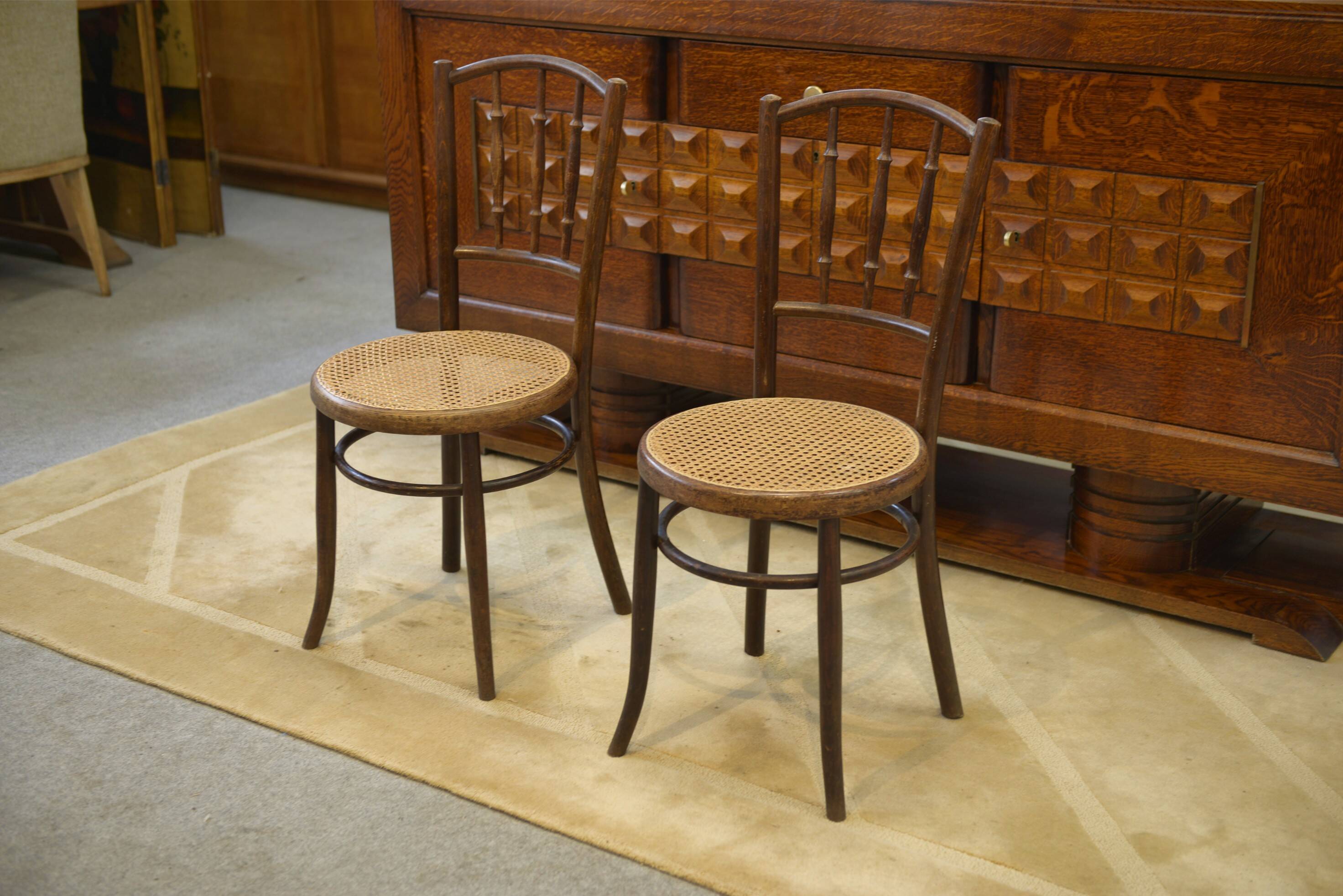 Pair of curved wooden bistro chairs stamped Fischel 1930s