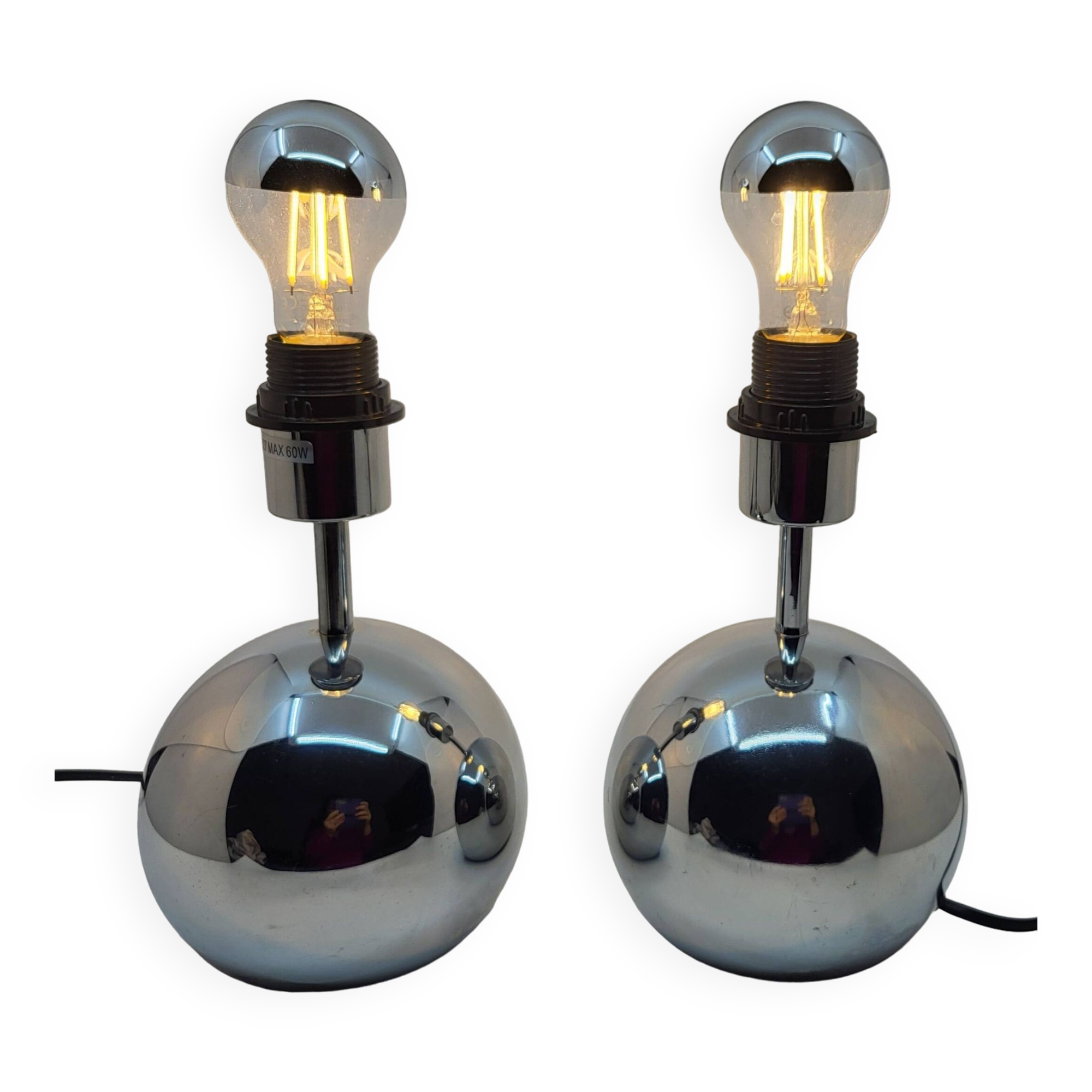 Pair of ball lamps, to be placed in chrome-plated stainless steel Vintage