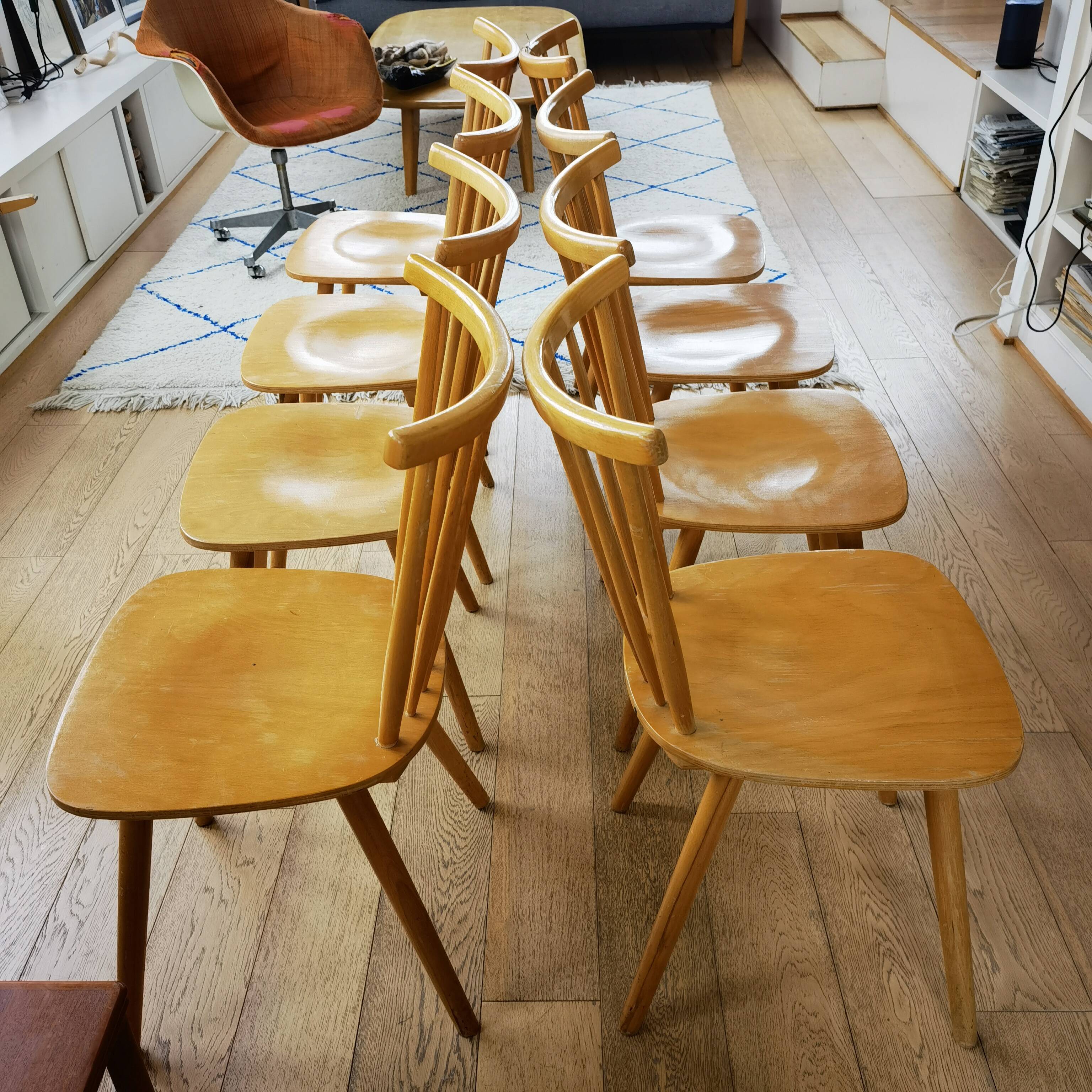 Set of 8 chairs in natural wood, back with 7 bars - tapiovaara type - 1970