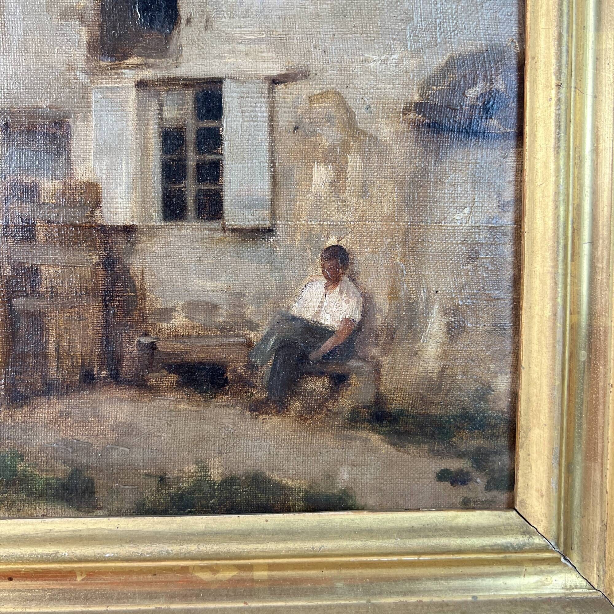 Oil painting on canvas by Adolphe Appian, farm courtyard, Lyon school, 19th century.