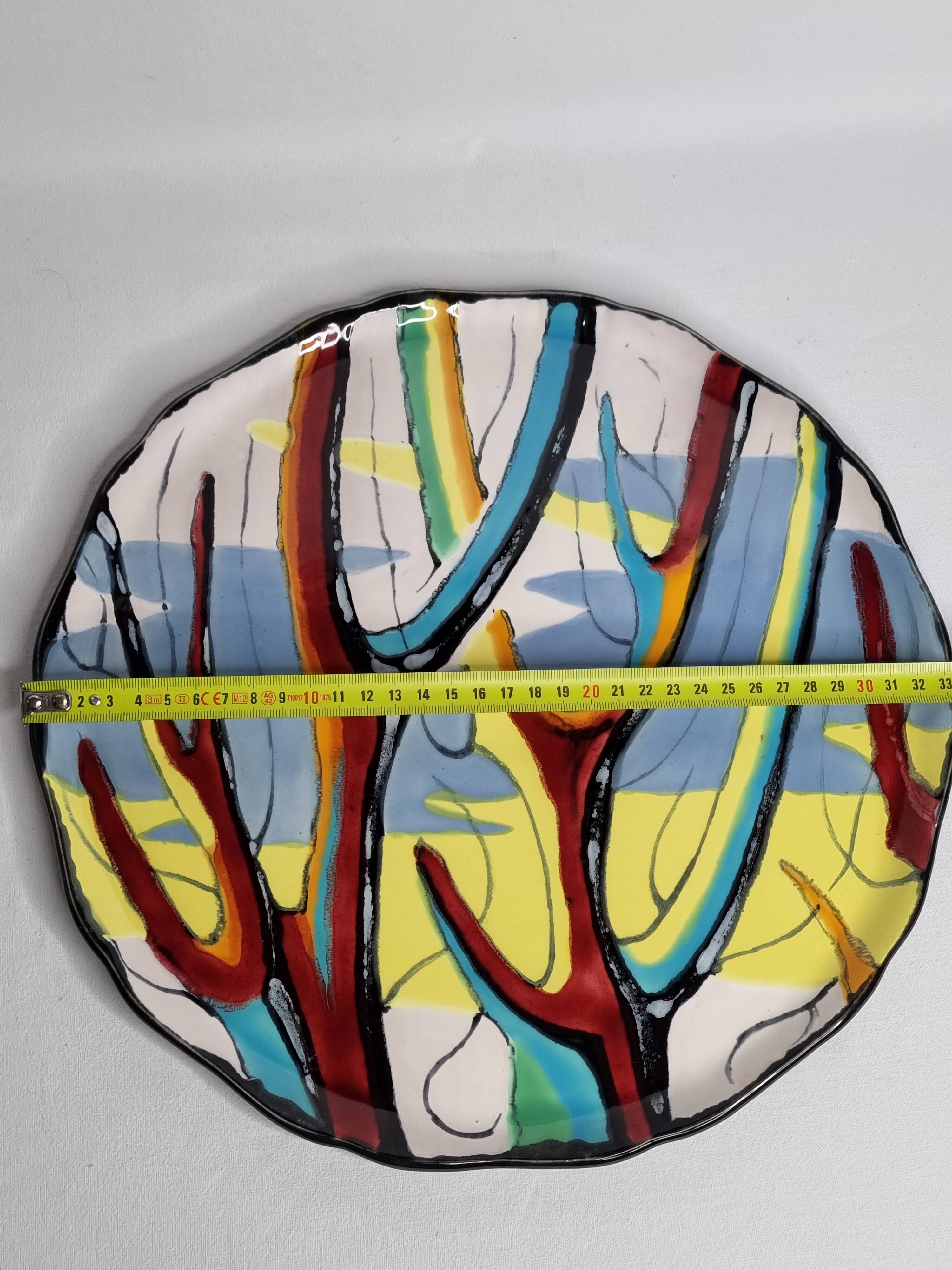 Longwy pie dish 33 cm, "Provence" decor, polychrome abstract, black enamel, numbered, 1960s