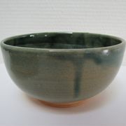Bowl and round ceramic dish enamelled blue green brown vintage signed vintage