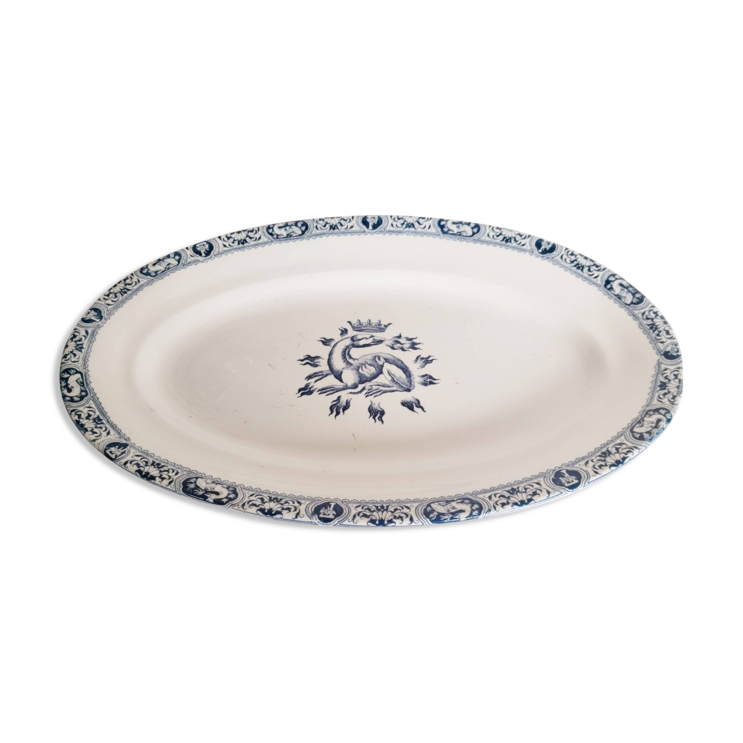 Oval earthenware serving dish Terre de Fer, Salins, Salamander François I motif